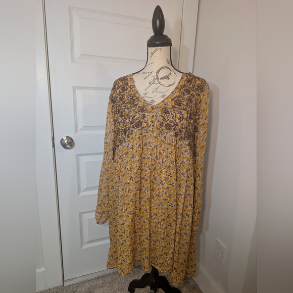 Zara Tops - Zara Yellow and Brown Bohemian Floral Long Sleeve Tunic Top Or Dress Size XL